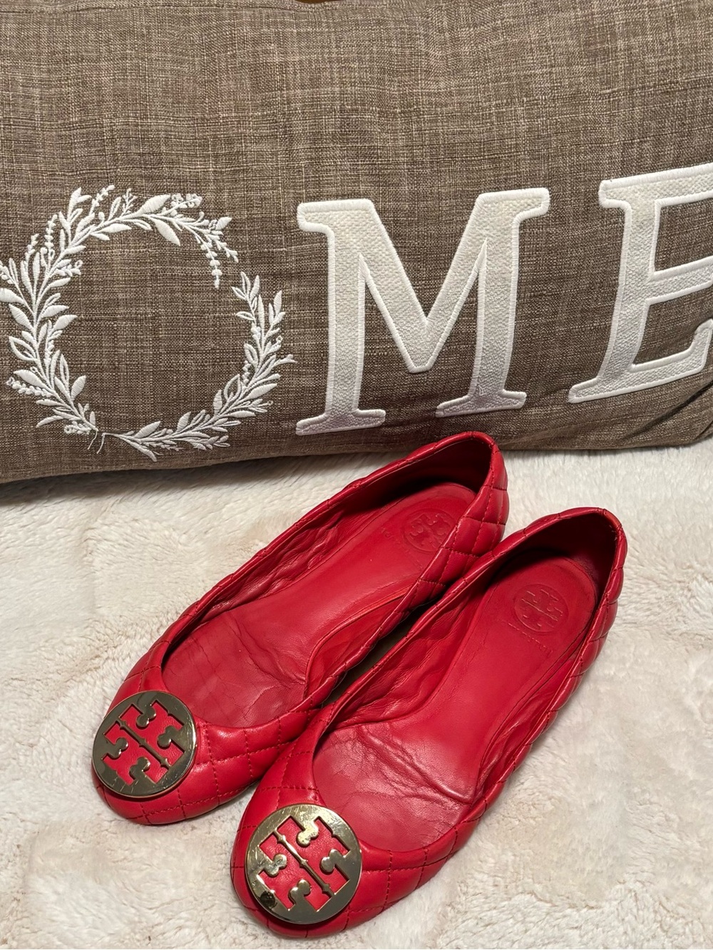 Tory Burch Red Quilted Leather Logo Ballet Flats
